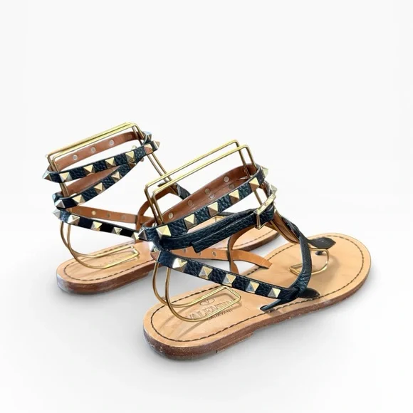 Valentino Rockstud Black Leather Thong Wrap Around Strap Flat Sandal 37.5 US 7.5